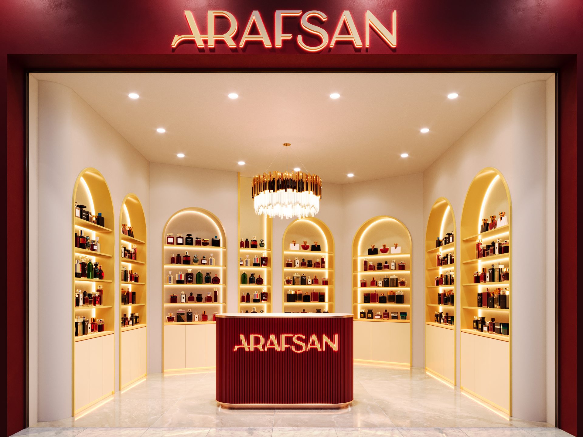 Photorealistic 3D render of a luxury perfumery retail interior